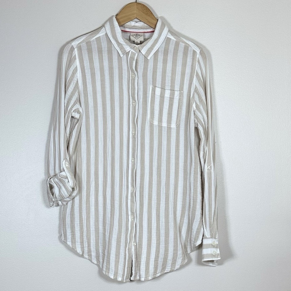 St Johns Bay Womens Cotton Gauze Button Up Shirt M White Tan Stripe Roll Tab
